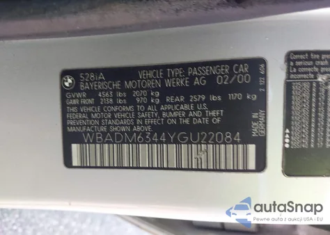 2000 BMW 528Ia z USA, uszkodzony, nr VIN WBADM6344YGU22084